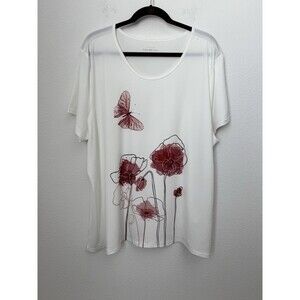Catalog Favorites Women's Floral White Short Sleeve Tee Shirt Blouse Pullover 2X